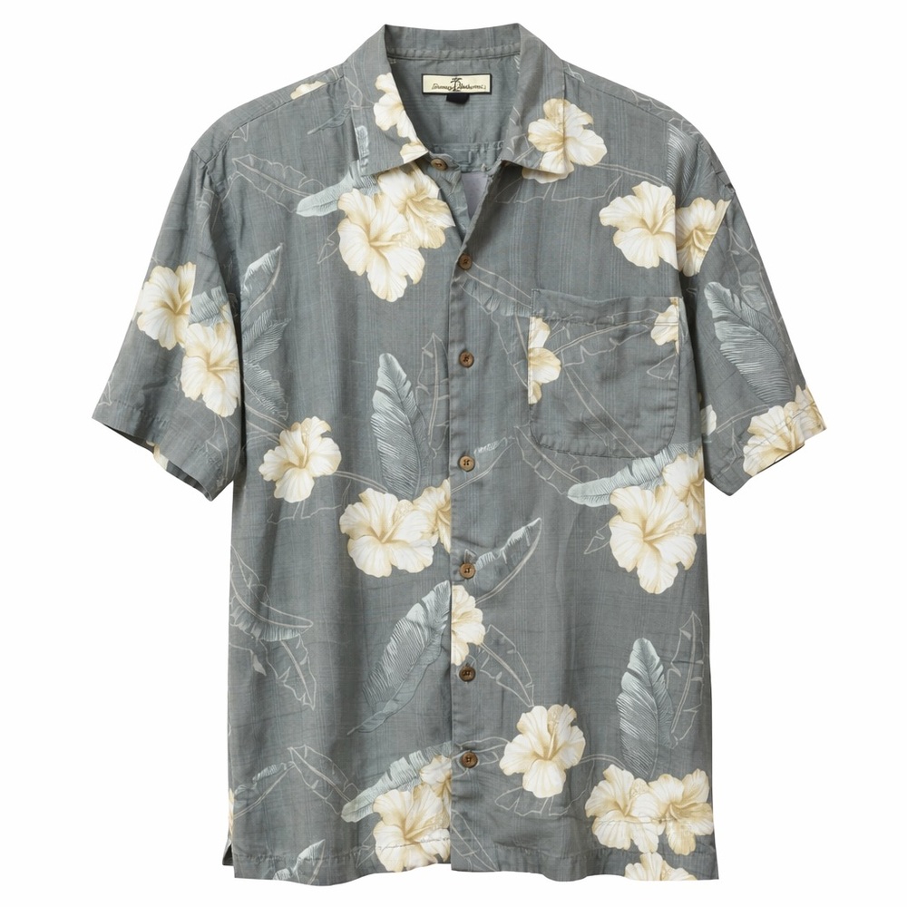 Tommy Bahama Silk Hawaiian Shirt Hibiscus Print Gray Green Medium